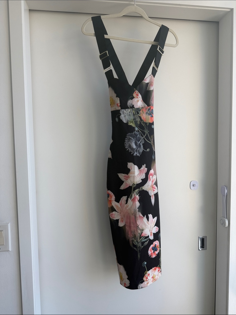 Ted Baker London Black Floral Midi Dress with Pink & Cream Blooms